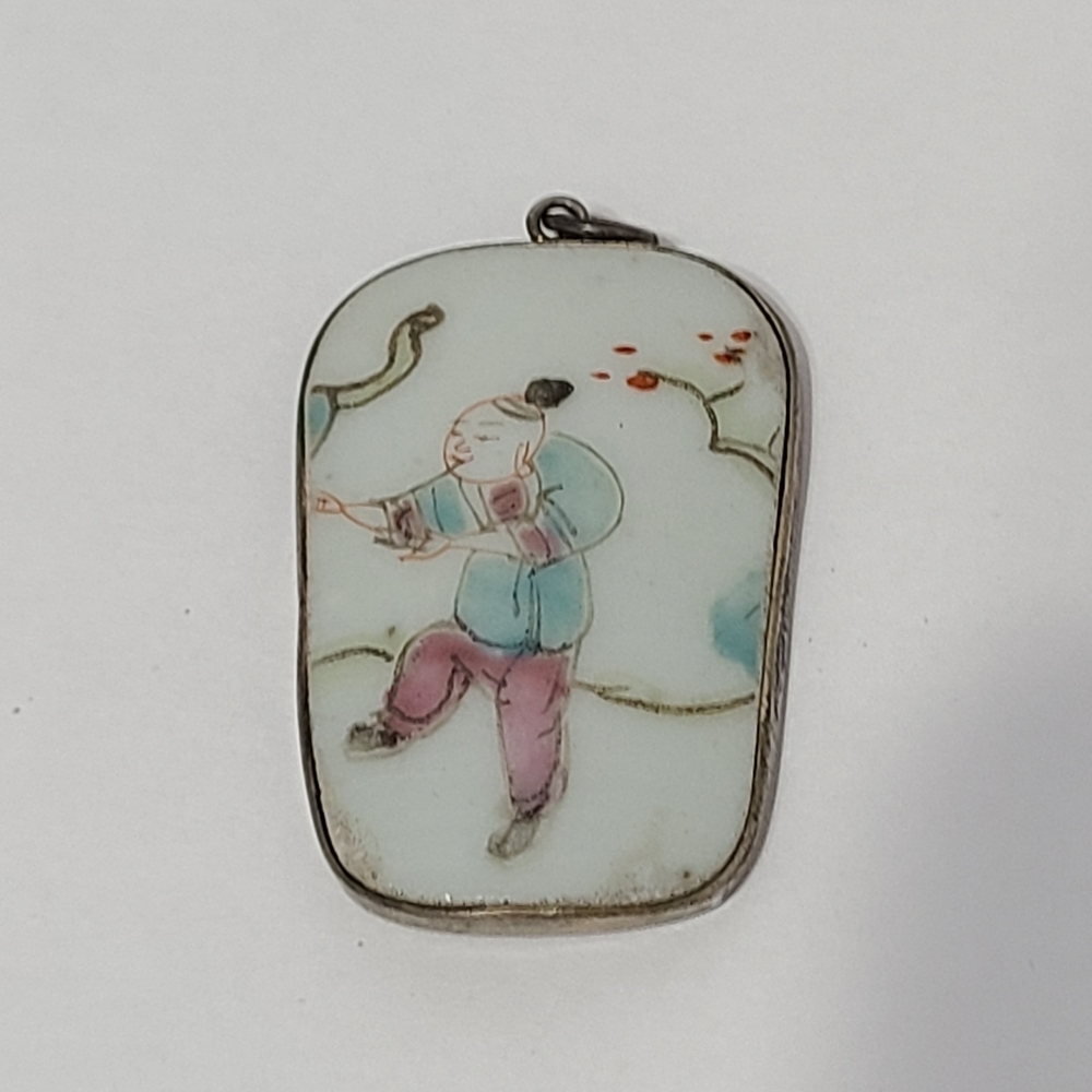 Vintage Chinese Asian Silver Hand Painted Porcelain Tile Pendant